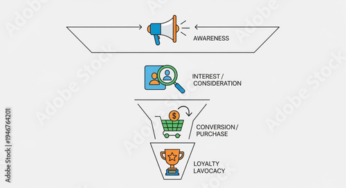 Marketing sales funnel diagram with icons representing stages.