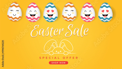 Easter Sale Promotional Banner with Cute Egg Characters for Holiday Marketing and Campaign 