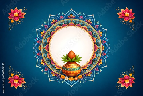 Traditional Indian festival greeting background featuring colorful mandala pattern and ceremonial kalash symbolizing Gudi Padwa New Year celebration and cultural heritage.