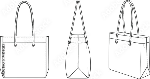 Tote bag technical sketch, front, side, rear view, rope handles, grommet detail, fashion accessory design, structured base, illustration