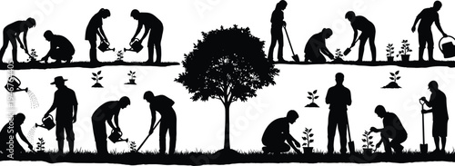 Tree planting silhouette, nurturing nature, eco care teamwork, family gardening activity, environmental growth concept, cad drawing flat vector illustration