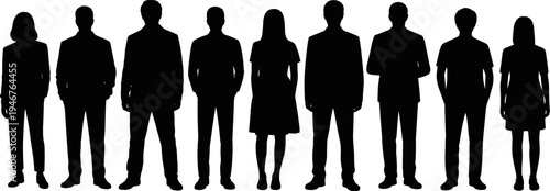 Business people silhouettes standing group team corporate professionals men women office workers isolated black figures flat vector illustration set