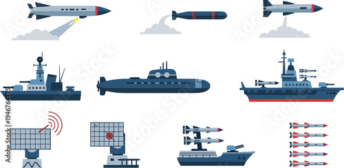 Military Naval and Missile System Vector Illustration Showing Warships Submarine and Rocket Designs