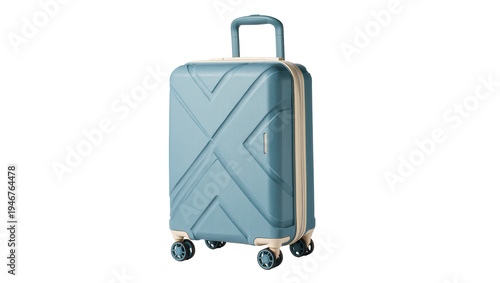 Fotografía Isolated modern light blue hardshell travel suitcase with extended handle and sp
