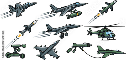 Military Aircraft Vector Illustration Showing Fighter Jets Helicopter Drone and Missile Systems