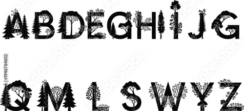 Tree-themed alphabet illustration, forest-inspired letters, uppercase nature typography, eco design, foliage silhouettes, woodland style, creative font sketch