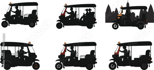 Tuk-tuk silhouette set, auto rickshaw with passengers, city background, black and white vector, cad drawing flat vector illustration