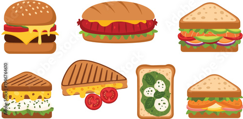 Sandwich Vector Illustration Showing Cheeseburger Sub and Grilled Cheese Variations