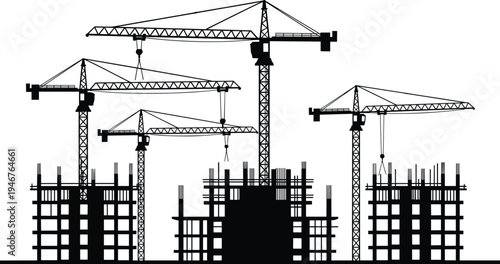 Urban construction site, tower cranes, high-rise buildings, structural framework, silhouette style, engineering, development, skyline, cad drawing flat vector illustration