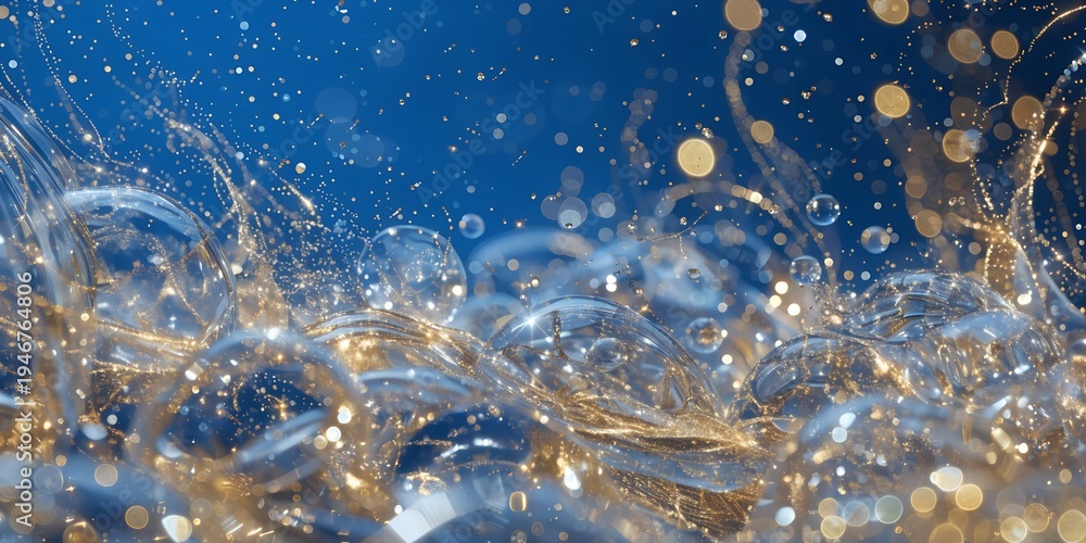 Obraz premium Luxury golden bubbles sparkling on deep blue abstract water background for celebration and premium design