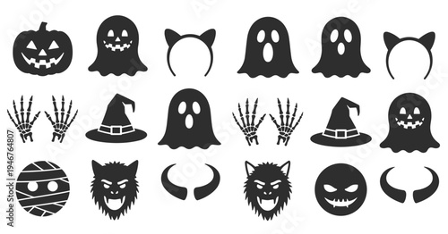 Assortment of Halloween Themed Silhouettes Including Pumpkins Ghosts and Monsters skeleton hands witch hat