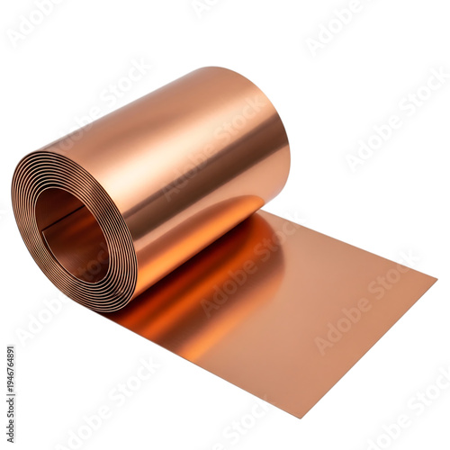 Copper foil roll on white background with partial unrolling