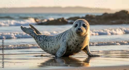 A seal is lying on a wet sandy beach with waves and rocks in the background during sunset.