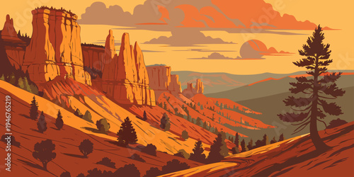 USA, US, U.S, United States - Bryce Canyon National Park Hoodoo Rock Formations Sunrise Panorama | Glowing Red Spires Dramatic Desert Landscape Wall Art Poster | Utah Southwest USA Scenic Print