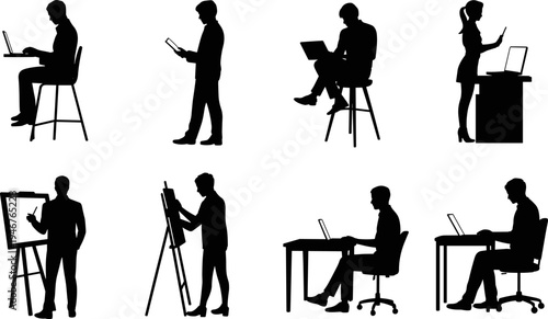 business, people, silhouettes, working, laptop, office, professional, men, woman, meeting, presentation, technology, workspace, corporate, employee, freelancer, computer, desk, activity, vector