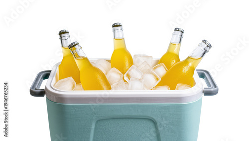 Slika na platnu Isolated portable cooler box brimming with ice cubes and refreshing yellow cappe