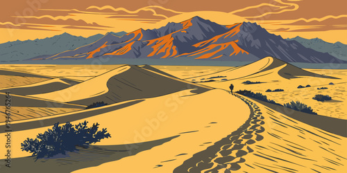 USA, US, U.S, United States - Death Valley National Park Golden Sand Dunes Sunset Panorama | Extreme Desert Landscape Wall Art Poster | California–Nevada Scenic USA Print