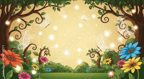 Whimsical forest scene with colorful flowers trees and string lights on a sunny day with a warm glow