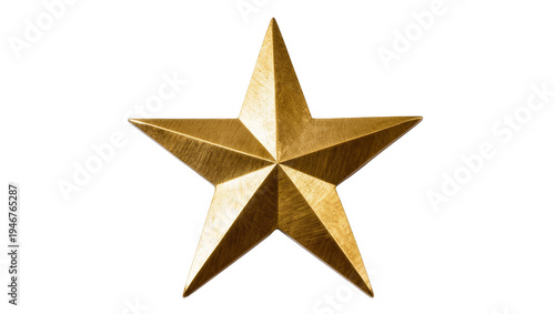 Isolated elegant brushed gold star, symbolic five-pointed metallic design, shining ornament.