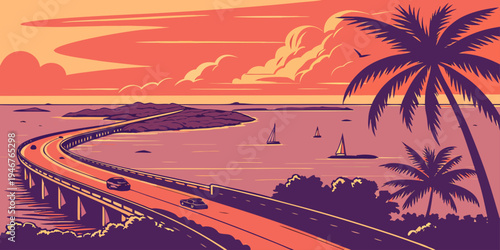 USA, US, U.S, United States - Florida Keys Ocean Highway Sunset Panorama | Tropical Road‑Trip Travel Poster with Coastal Island Scenery | Florida Overseas Highway USA Scenic Print