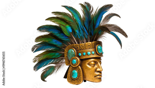 Obraz na plátně Isolated ancient Mesoamerican golden ceremonial headdress with vibrant quetzal f