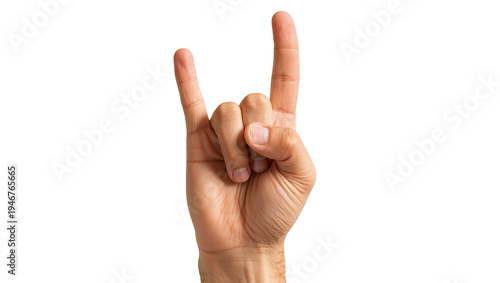 Isolated human hand making the classic rock and roll or devil horns gesture, expressive