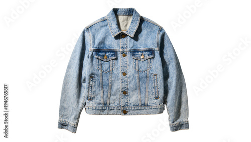 Isolated classic light wash denim jacket, fashionable casual everyday apparel garment