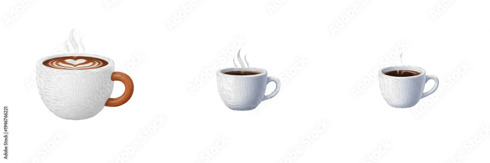Obraz premium Set of 3D Coffee Cup Icons with Latte Art and Steaming Hot Black Coffee Isolated on White Background PNG