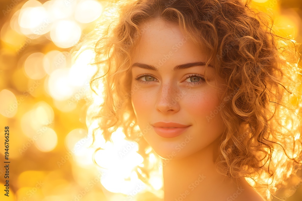 Fototapeta premium Beautiful woman with curly hair and a warm, golden glow.
