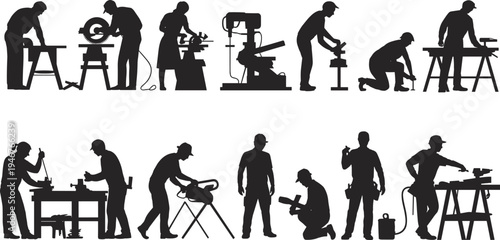 Construction workers silhouettes carpenters builders using tools workshop industry labor isolated black figures professional work flat vector illustration set