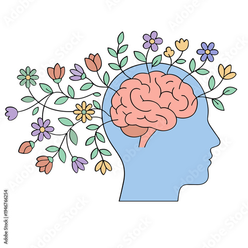 A person's head with a brain and colorful flowers growing out of it