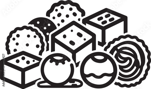 Set of 8 dessert icons vector, black and white