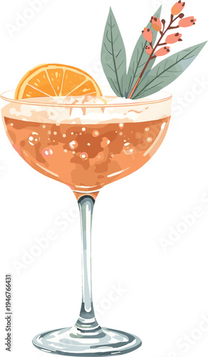 Vibrant Watercolor Illustration of a Refreshing Citrus Cocktail in an Elegant Coupe Glass Featuring an Orange Slice Garnish Lush Green Leaves and Delicate Floral Elements Isolated on White Background