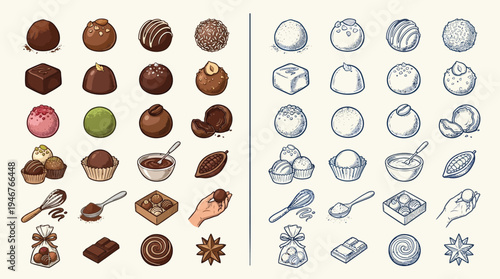 A comprehensive collection of hand-drawn chocolate illustrations, showcasing various types of chocolates and confectionery-making tools.