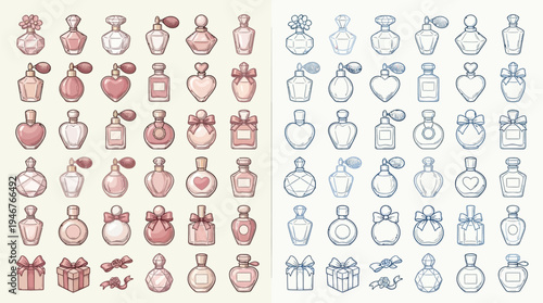 Collection of various perfume bottles and gift boxes in pink and blue outlines, showcasing diverse shapes and designs.