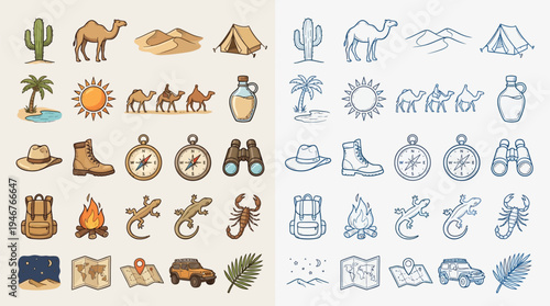 A collection of desert-themed icons, featuring camels, cacti, tents, and travel gear, presented in two distinct color palettes.