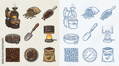 Collection of illustrations depicting the coffee roasting process, from beans to brewing, with various tools and equipment.