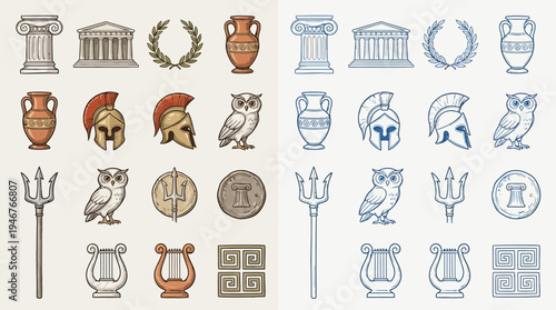 Collection of Ancient Greek cultural symbols and artifacts, presented in two color schemes.