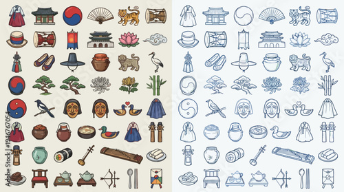 A comprehensive collection of Korean cultural icons and symbols, presented in both color and outline formats for diverse design applications.