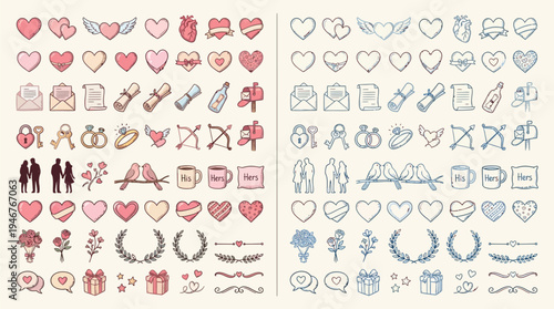 A collection of hand-drawn icons representing love, romance, and celebrations, featuring hearts, rings, doves, and wedding-related symbols in pink and blue.