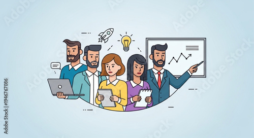 Diverse team collaborating on a business project with a presentation board.