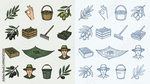 Collection of colorful and monochrome icons representing olive harvesting and farming activities, including olives, branches, tools, and workers.