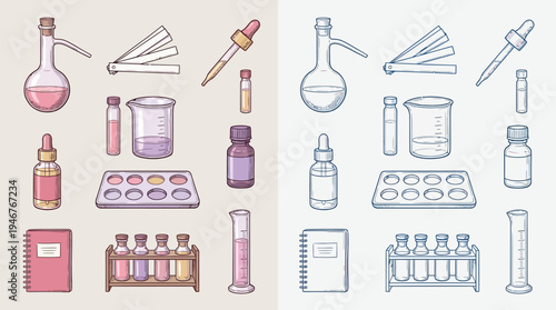 A collection of colorful and blue-toned scientific laboratory equipment, including beakers, test tubes, flasks, and droppers, arranged in two distinct palettes.