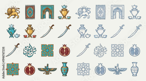 A collection of traditional Persian cultural symbols and motifs, including lions, carpets, arches, samovars, swords, calligraphy, geometric patterns, pomegranates, and Faravahar.
