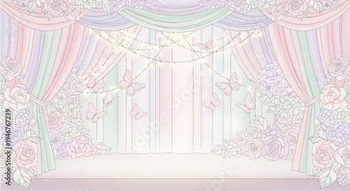 Pastel floral stage backdrop with drapes and flowers for party or event decor