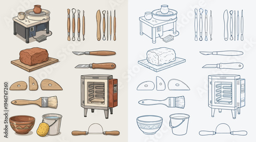 A collection of pottery tools and equipment, including a pottery wheel, clay, sculpting tools, brushes, bowls, and a kiln.