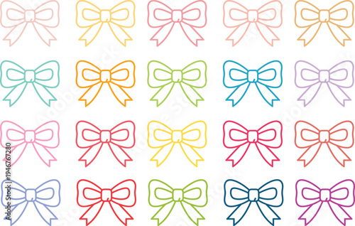 A colorful array of 20 bows in various pastel hues and shades arranged in four rows of five on a clean white background for decoration