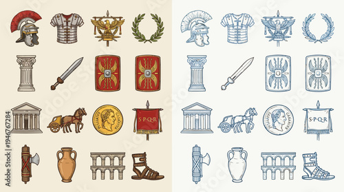 Collection of Roman Empire symbols and artifacts, including helmets, armor, weapons, architecture, and currency, presented in two color schemes.
