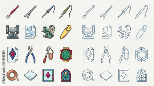 Collection of icons representing tools and materials for stained glass crafting and jewelry making.