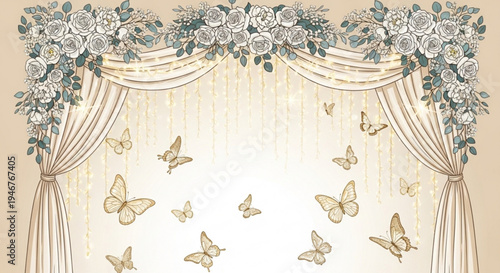 Beautiful floral curtain with butterflies elegant wedding or event decoration soft colors and delicate design